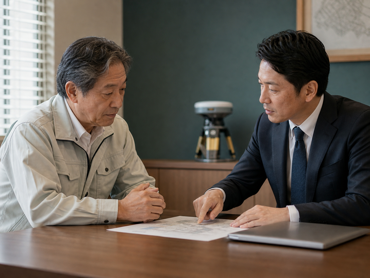 落ち着いた相談室で資料を確認する担当者と経営者