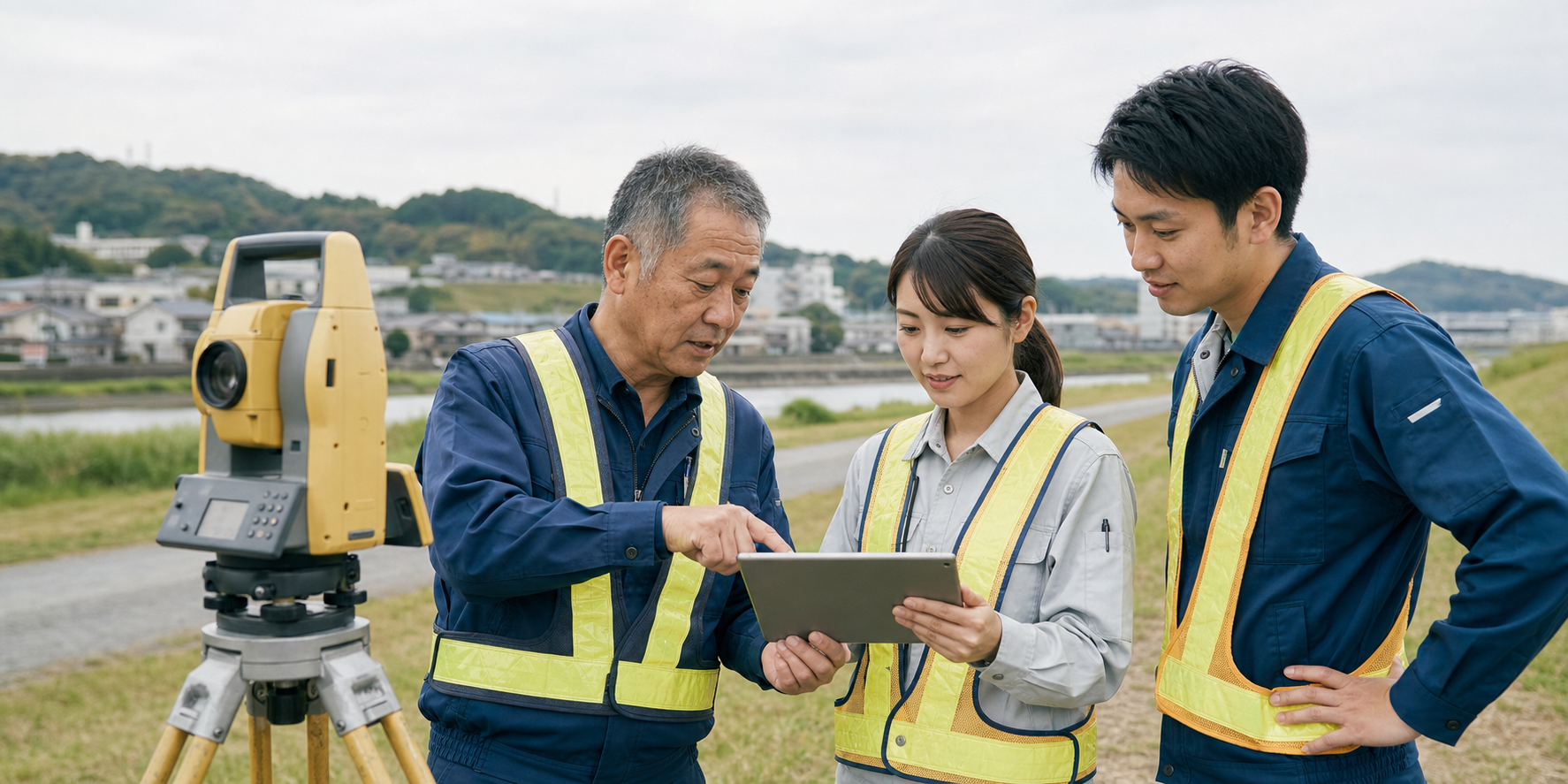 測量現場で図面と機器を確認するチーム
