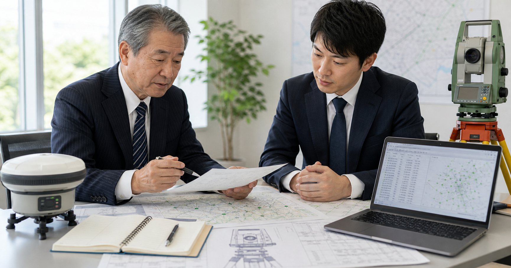 測量会社の承継について図面を見ながら相談する経営者とアドバイザー