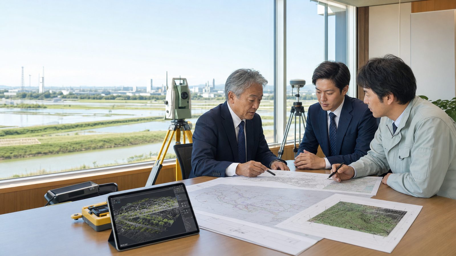茨城県の測量会社M&Aで公共測量・農地・工事測量の承継資料を確認するイメージ