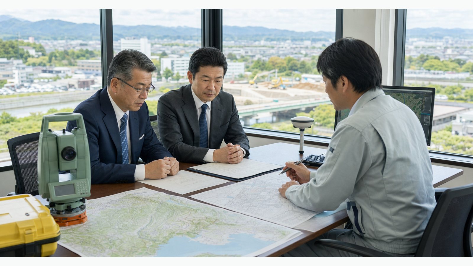 宮城県 測量会社 M&Aを検討する経営者向けの公共測量と事業承継イメージ