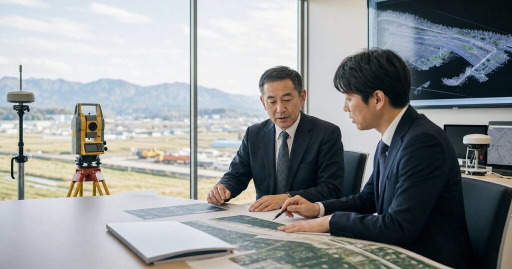 長野県の測量会社M&Aと山間部の事業承継を表す測量機器と経営者の相談風景