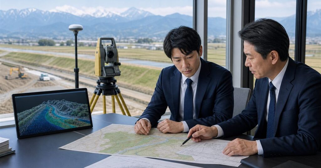 新潟県の測量会社M&Aで事業承継を検討する経営者と測量機器