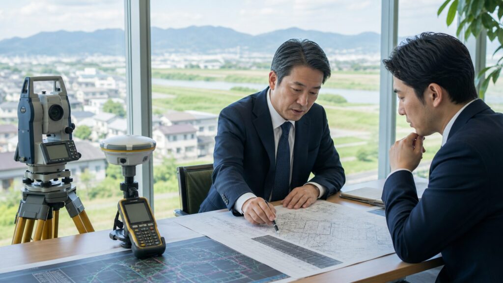 埼玉県の測量会社M&Aについて地図と測量機器を確認する承継会議