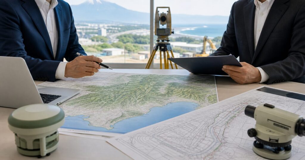 静岡県 測量会社 M&Aの承継相談を地形図と測量機器で確認するイメージ