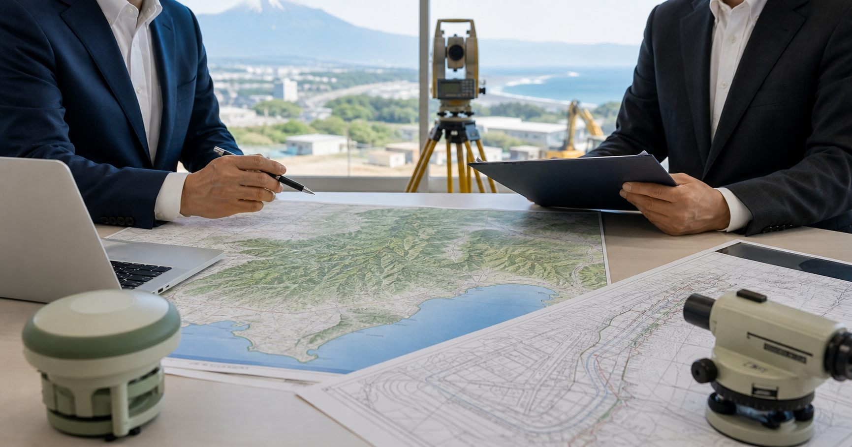 静岡県 測量会社 M&Aの承継相談を地形図と測量機器で確認するイメージ