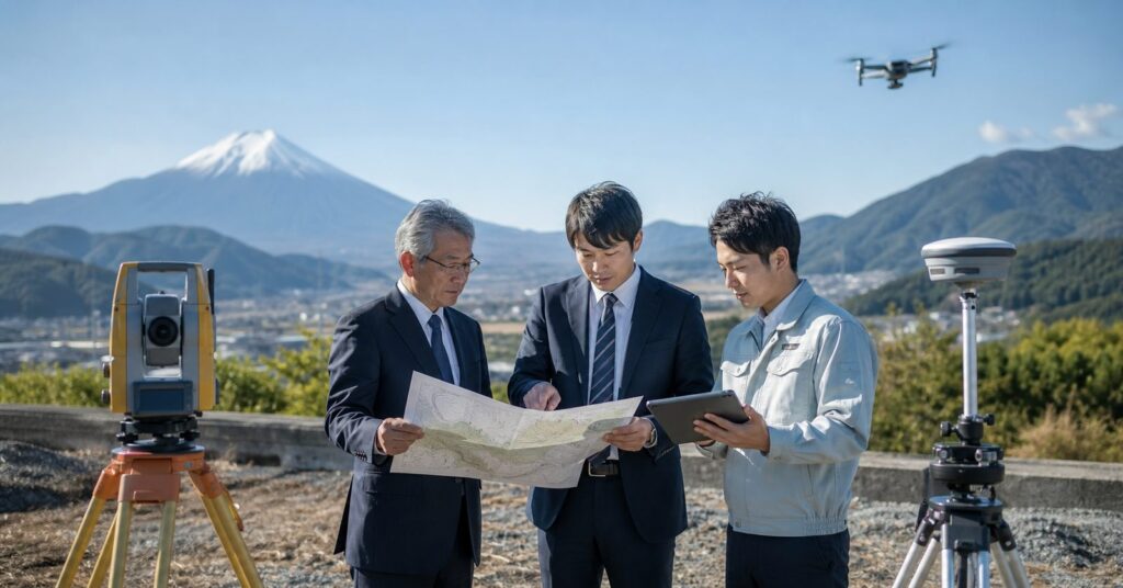 山梨県の測量会社M&Aで事業承継を協議する経営者と測量技術者