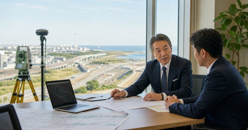 千葉県の測量会社M&Aと事業承継を話し合う経営者と測量機器