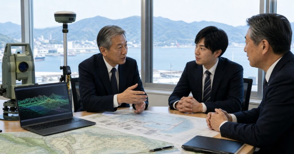 広島県の測量会社M&Aで技術承継を協議する経営者と測量技術者
