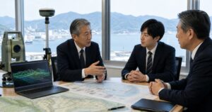 広島県の測量会社M&Aで技術承継を協議する経営者と測量技術者