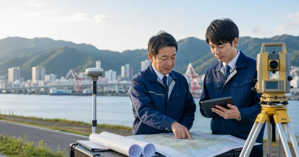 兵庫県の測量会社M&Aで技術承継を話し合う経営者と測量技術者