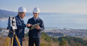 石川県の測量会社M&Aと事業承継を話し合う経営者と測量技術者