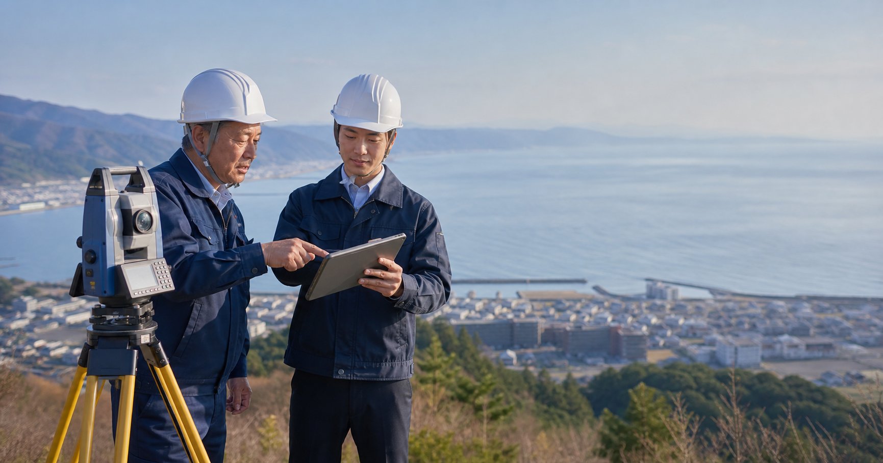 石川県の測量会社M&Aと事業承継を話し合う経営者と測量技術者