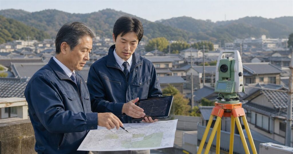 京都府の測量会社M&Aで技術承継を話し合う経営者と測量機器
