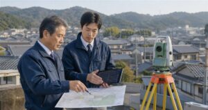 京都府の測量会社M&Aで技術承継を話し合う経営者と測量機器