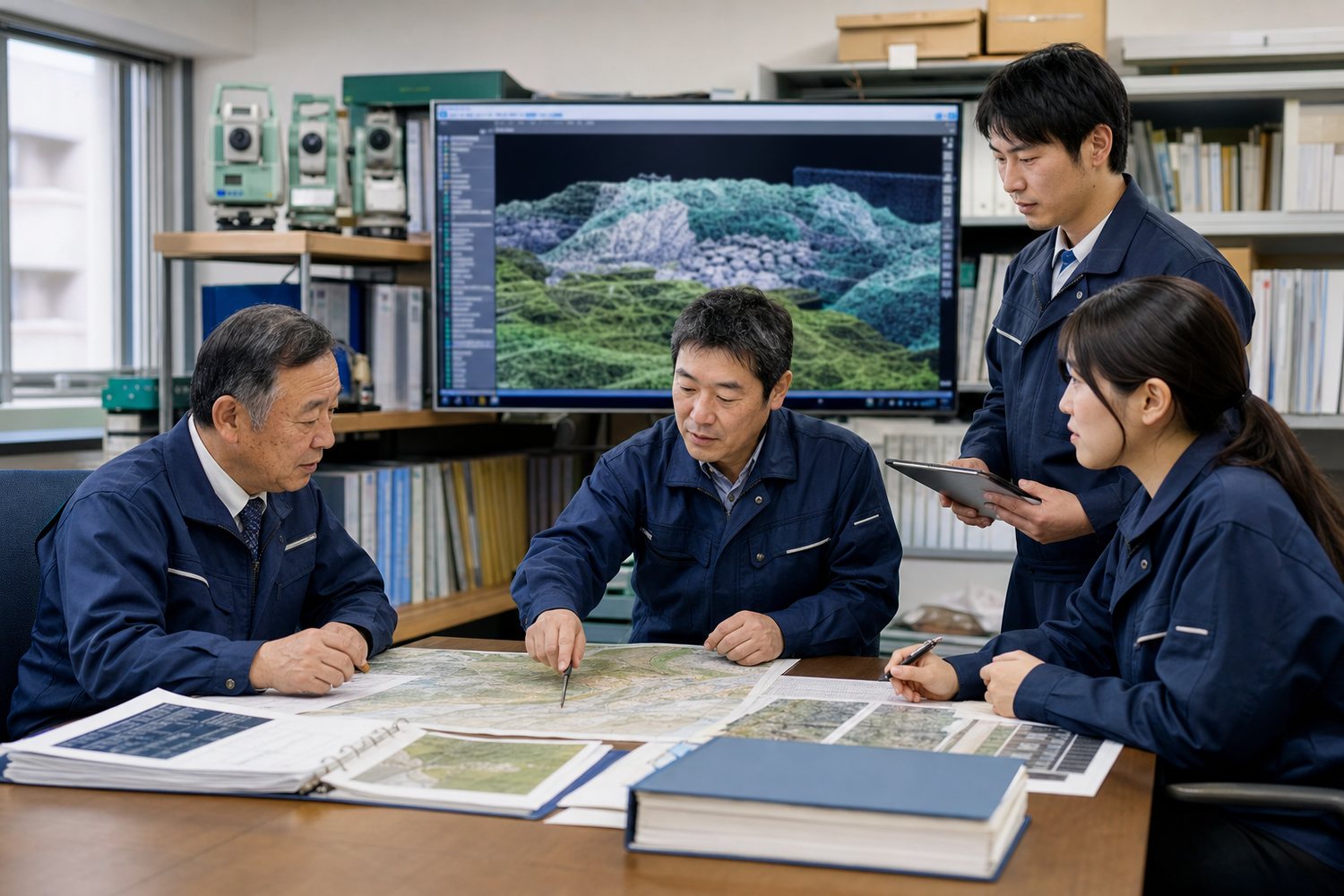 測量会社の経営者・現場責任者・CAD・GIS担当者が成果品と点群データの引継ぎを確認する様子
