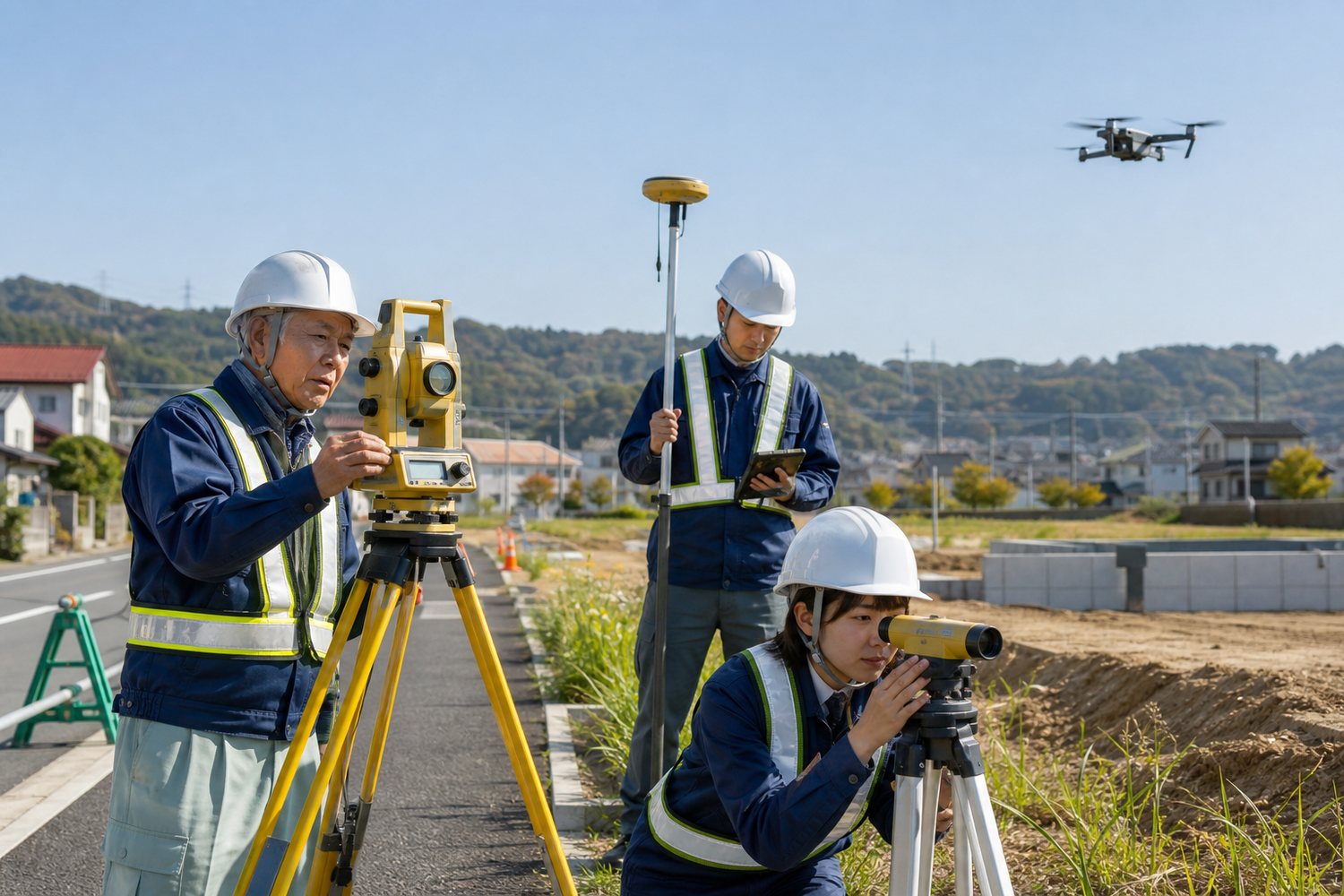 測量技術者がトータルステーション・GNSS・デジタルレベル・UAVを使って現場測量を行う様子