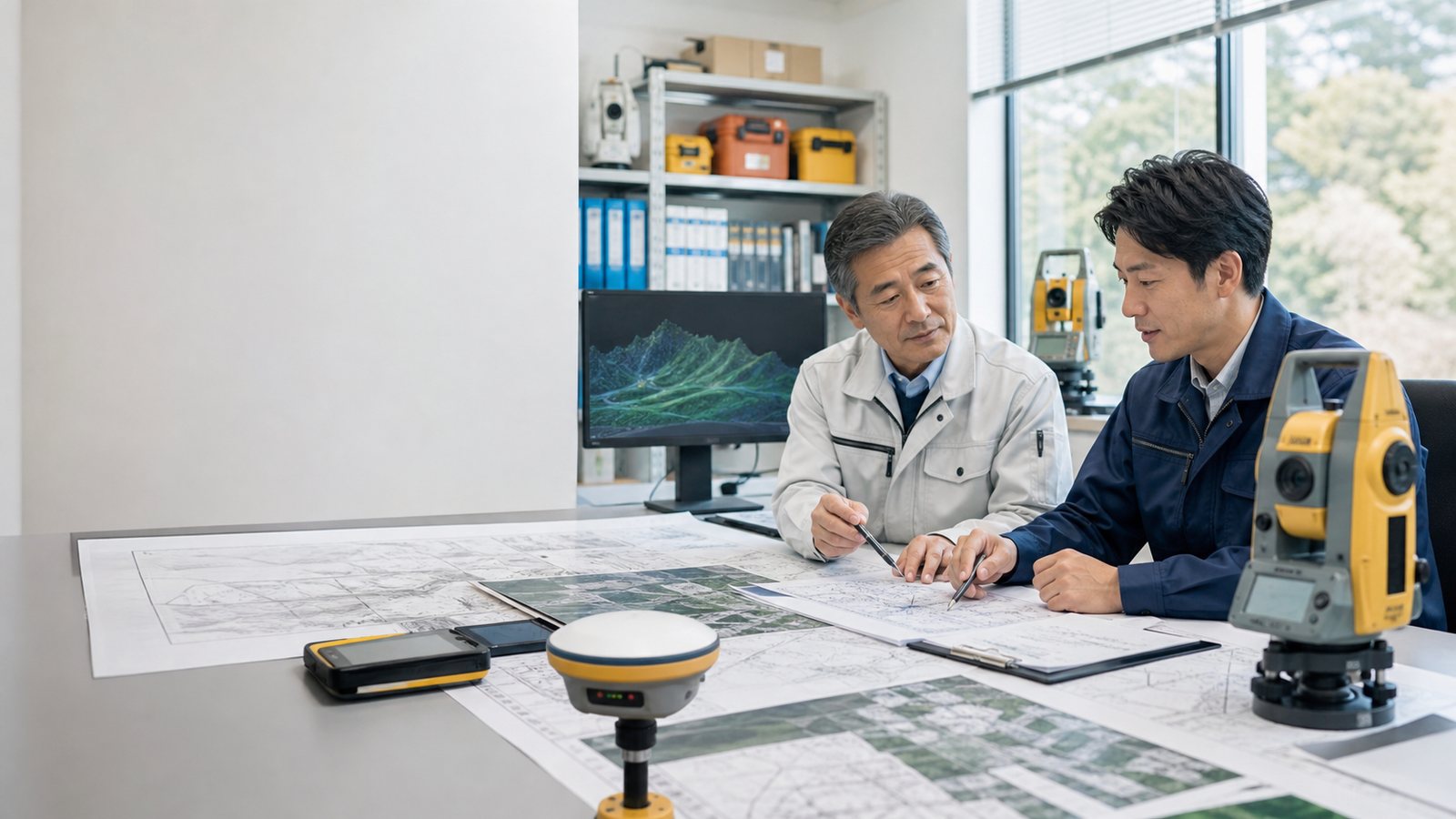 測量会社の経営者と後継者候補が測量図面・トータルステーション・GNSS機器を囲んで事業承継を相談する様子